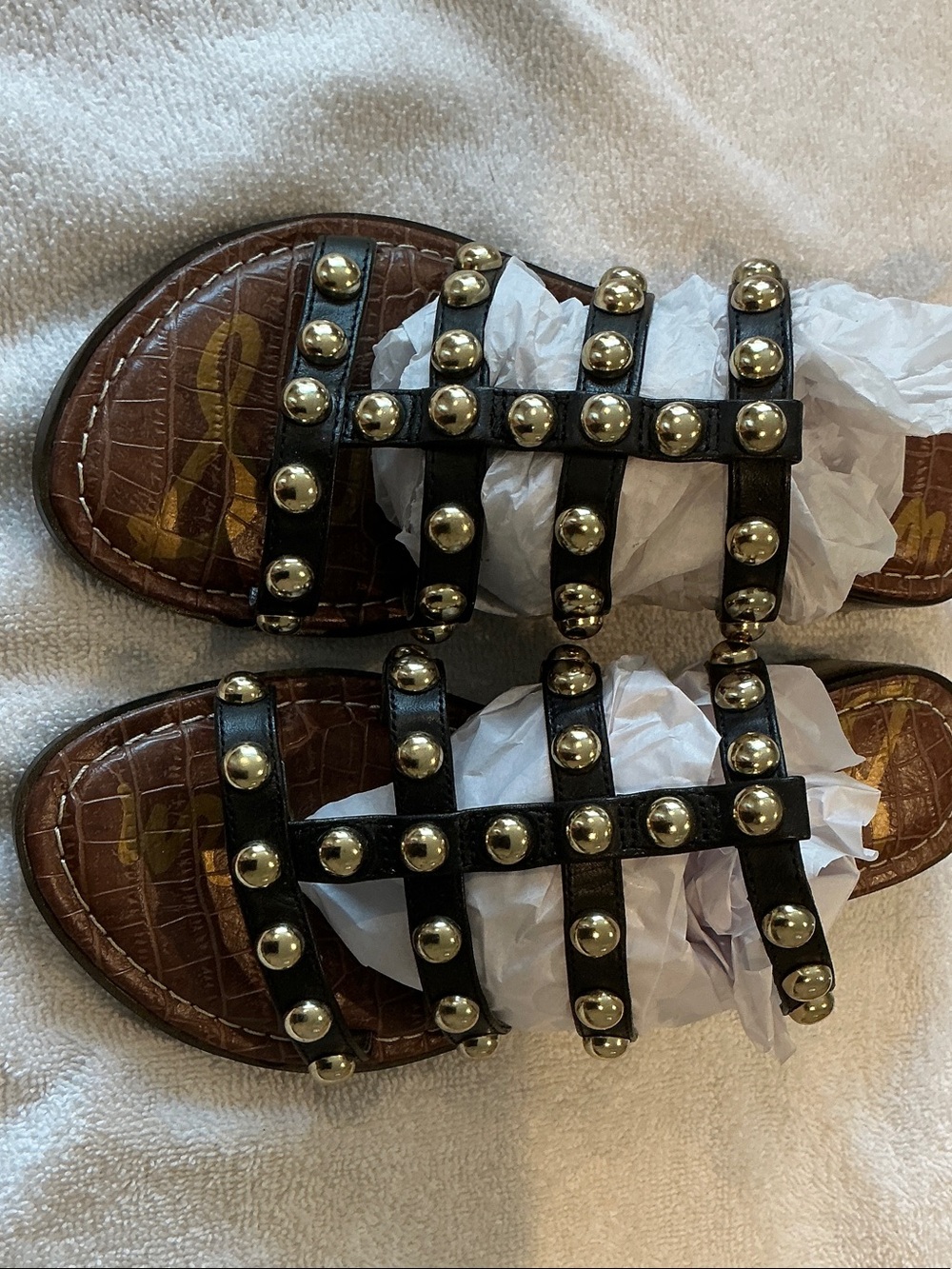 Sam Edelman Black Leather Studded Slide Sandals with Gold Accents
